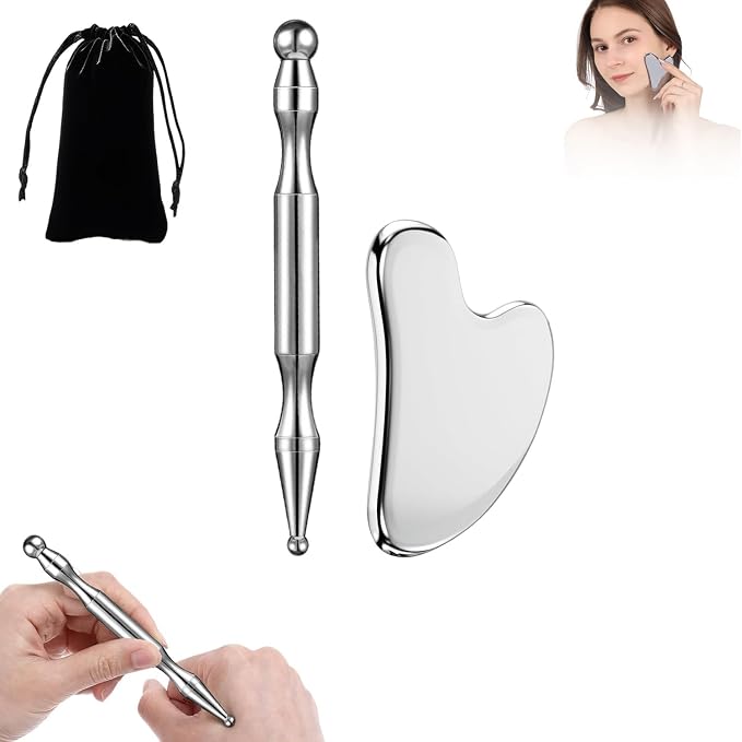 Stainless Steel Gua Sha & Acupuncture Pen, Trigger Point Massager Tool | suits daily home facial care, supports scraping and acupoint massage to ease facial tightness for women and mothers