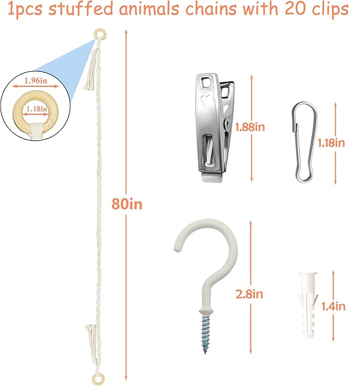 1 Pcs Cotton Stuffed Animal Storage Chain with 20pcs Metal Clips for Hanging Small Plush 80inch Wall Organizer Stuffed Animals Storage Holder for Hanging Nursery Play Room Wall Door (1Pcs White)