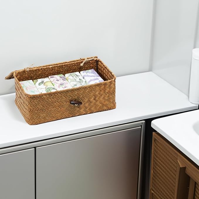 Set of 2 Wicker Basket with Lid, Seagrass Woven Basket for Storage | Decorative Storage Baskets Bins for Organizing Home, Shelf Storage Boxes, Rectangular Woven Design, Multipurpose Home Decor
