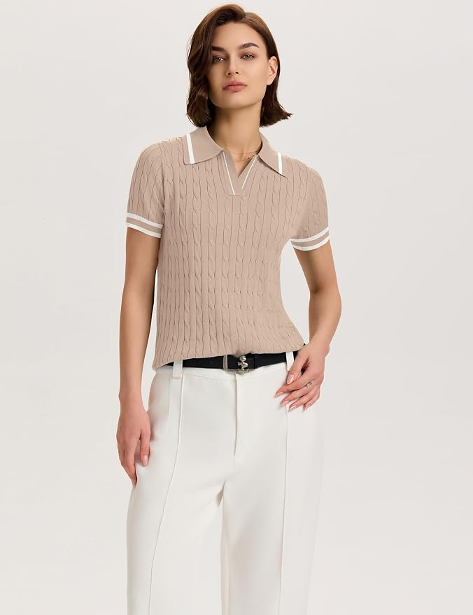 Micoson Womens Short Sleeve Sweater Tops Lapel V Neck Polo Shirts 2026 | Summer Cable Knit Loose Blouses, Business Casual Outfits
