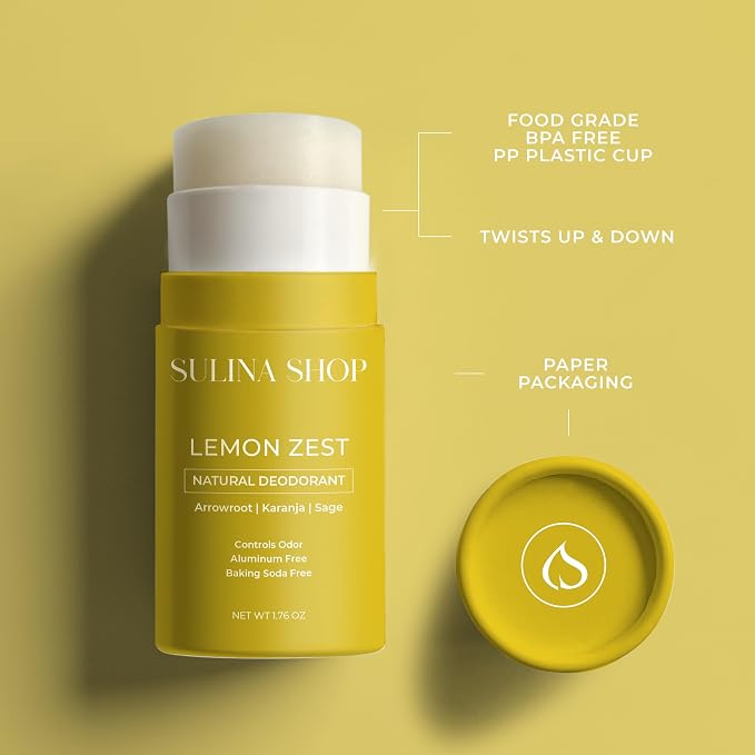 Sulina Shop Natural Deodorant, Aluminum Free, Lemon Zest | Fresh lemon zest scent, Sensitive skin-friendly, Baking soda-free, Plant-based odor protection.