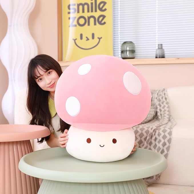 Cute Pink Mushroom Plush Pillow, 3D Soft Mushroom Plushie Hugging Pillow Gift for Girls Kids, Christmas Birthday Decor