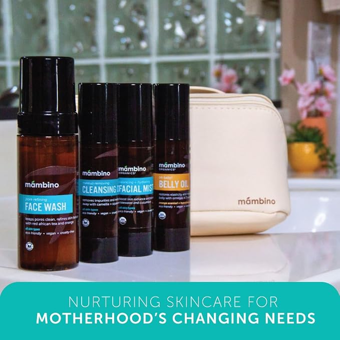 Mambino Organics Third Trimester Skincare Set, Pregnancy Skin Care Kit with Belly Oil, Rose Facial Mist, Cleansing Oil, Face Wash + Free Bag