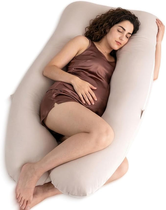 QUEEN ROSE U Shaped Pregnancy Pillow, Breathable Cotton Full Body Support for Maternity, Ivory