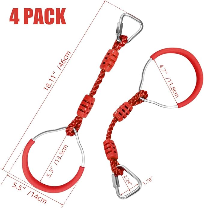Backyard Ninja Ring Hang Gymnastic Fist Swing Monkey Bar Playground Equipment Climbing Attachment Playground Play Set, 4 Red Obstacle Course Fit Rings Jungle Gym Slackline Warrior Training Equipment