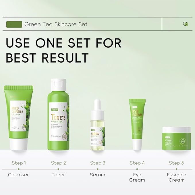 Green Tea Skincare Set, 5 Pcs Skincare Gift Set with Cleanser, Face Serum, Face Cream, Eye Cream, Toner , Skincare Kits For Teen Girls, Hydrating Facial Kit For Women