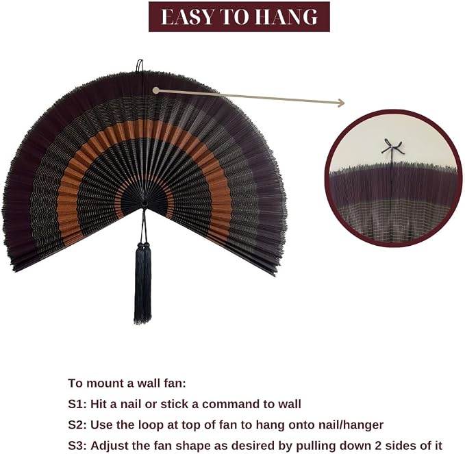 ChumDecor Bamboo Fan Wall Decor, Japanese Wall Fan Decoration, Ebony 60 in | Giant Oversized Oriental and Asian Style Hanging Decoration for Above the Bed Headboard or a Tall Stairwell Landing