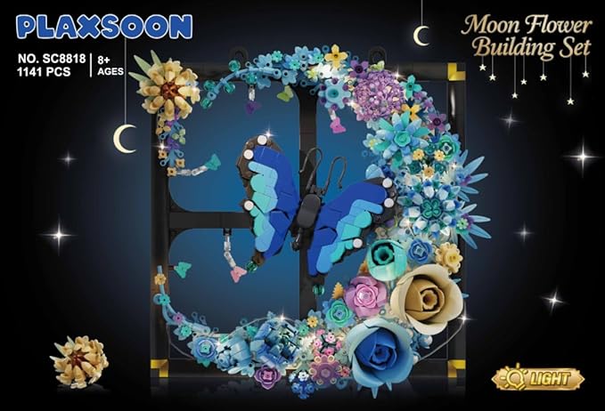 Moon Flower Building Set with Lights, 1141 PCS Wall Botanical Flowers Building Block Kit with Butterfly, Floral Plant Collection Office Home Decor, Gift for Her Adults Women Boys Girls 12+