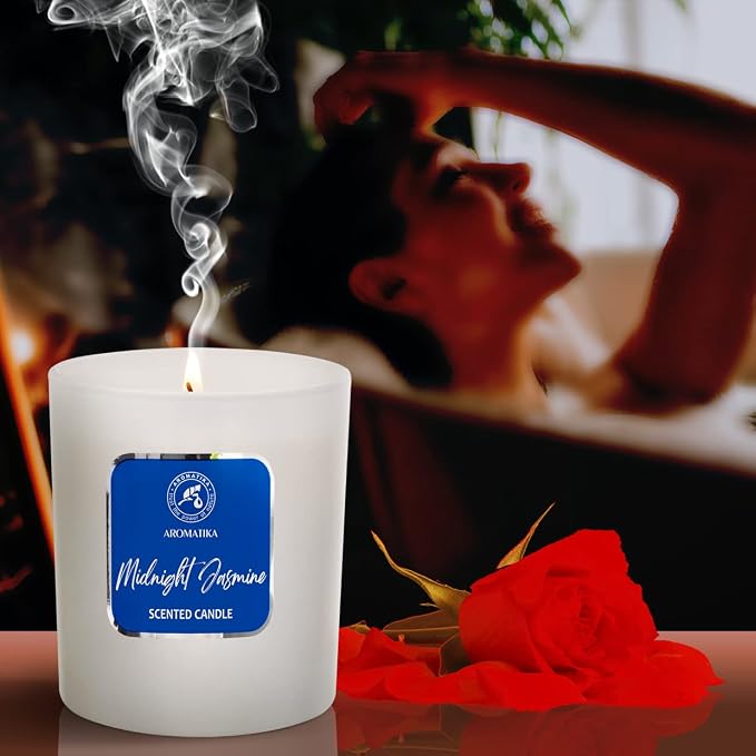AROMATIKA Midnight Jasmine Soywax Candle - Up to 45 Hours Burn Time - Glass Candle Gift - Aromatherapy Candle - Blue Floral Scent