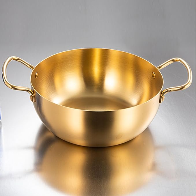 Korea Ramen Pot, Stainless Steel Ramen Cooking Pot with Double Handle Stovetop Ramen Cooker for Soup Noodle Pasta, Induction Compatible (Gold)