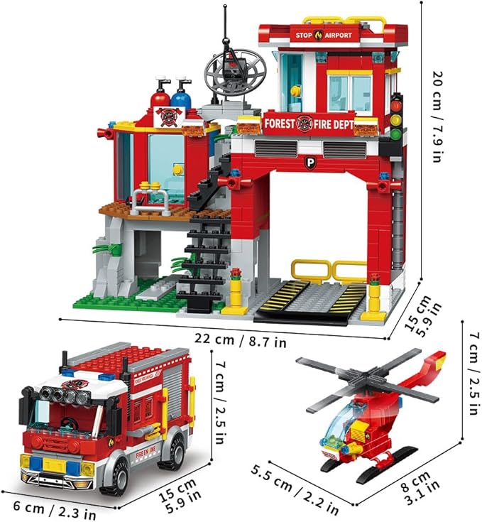 MindBox City Fire Rescue Building Set with Fire Station, Truck & Helicopter,772pcs Toy for Boys 8+
