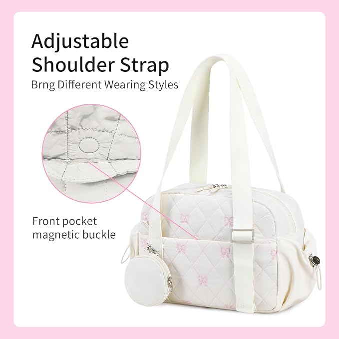 CAMTOP Mini Gym Bag for Women, Small Gym Tote Bag Puffy Quilted Sports Duffel Bag with Wet Compartment and Coin Purse Duffel Bags Dance Yoga Workout Bag for Gifts (White Pink Bow, Mini-12.6")