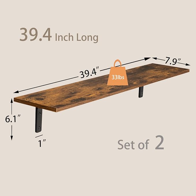 DINZI LVJ Long Wall Shelves, 39.4Inch Wall Mounted Shelves Set of 2, Extra Large Wall Storage Ledges with Sturdy Metal Brackets for Living Room, Bathroom, Bedroom, Kitchen, Rustic Brown