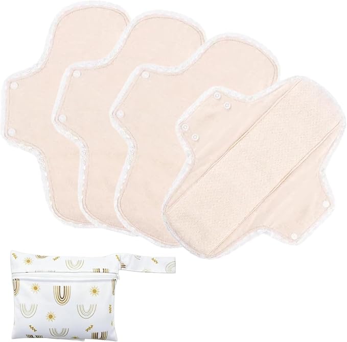 Reusable Incontinence Pads,Organic Cotton Pads Sanitary Napkins,Lace Trim Washable Menstrual Pads,with 1 Storage Bag,Panty Liners Pads Period/Incontinence/Postpartum.(Skin Color/L/4pcs)