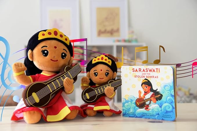 MODI TOYS Saraswati Devi Collection - Mantra Singing Plush Toys and Book | Ideal for Newborns, Infants, Toddlers, Grandparents | Best for Diwali, Baby Shower, Birthday, Housewarming
