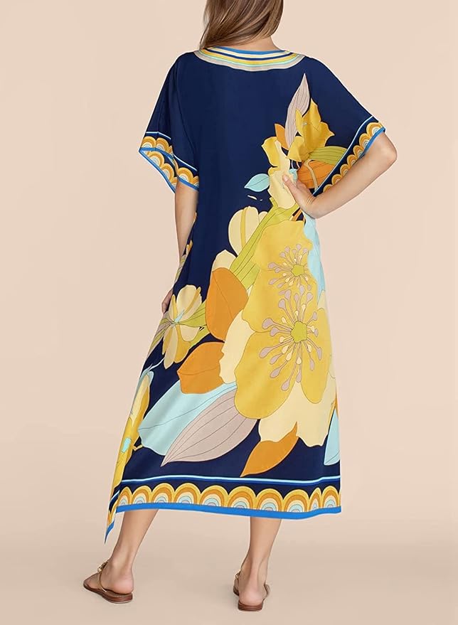 Venasha Womens Caftan Floral Print Kaftan Dress Short Sleeve Swimsuit Cover up Loungewear for Summer