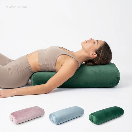 Yoga Bolster Pillow, Curved Wedge for Deep Stretch & Prenatal Support, 25"×12"×5", Sponge Bead-Cotton Filling, Velvet Cover with Zipper & Handle for Yoga, Meditation & Pilates (Green)