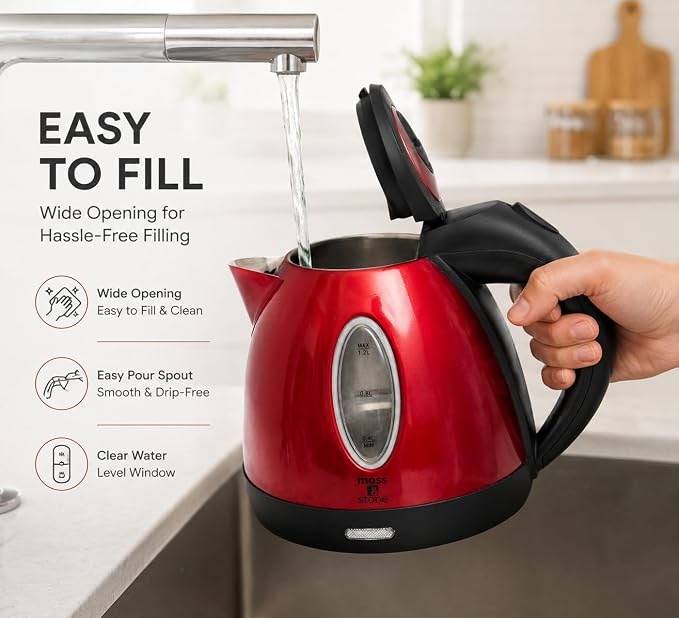 Moss & Stone 1.2L Stainless Steel Small Electric Kettle Red Color, Cordless 1500w Fast Boiling Pot, Portable Hot Water Electric Tea Kettle With Boil Dry Protection & Auto Shut-Off