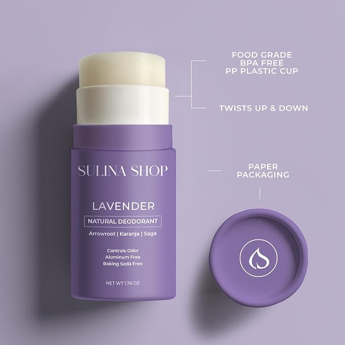 Sulina Shop Natural Deodorant, Aluminum Free, Lavender | Soothing lavender scent, Sensitive skin-friendly, Baking soda-free, Plant-based ingredients.