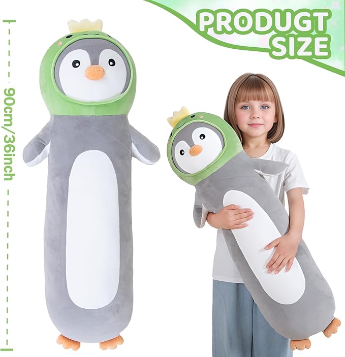 36 inch Long Penguin Plush Pillow Toy Soft Stuffed Animal with Cute Dinosaur, Cuddle Sleeping Body Pillow Penguin Plushies Gifts for Kids Boys Girls, Birthday