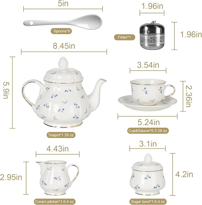Sweejar 23 Pcs Floral Tea Sets with Metal Holder, Relief Gold Rim Porcelain Tea Sets for Adults, Cup and Saucer Set for 6, with Teapot, Sugar Bowl, Milk Jug, Spoons (Small Flower)