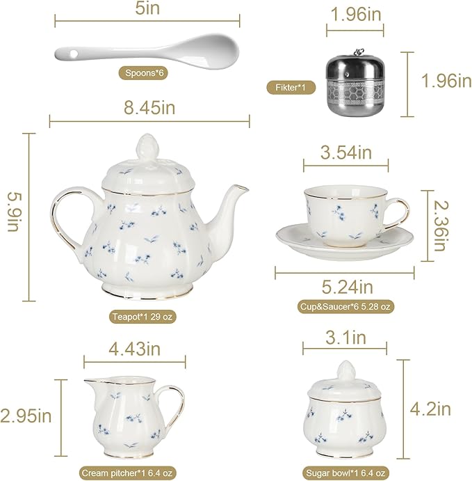 Sweejar 23 Pcs Floral Tea Sets with Metal Holder, Relief Gold Rim Porcelain Tea Sets for Adults, Cup and Saucer Set for 6, with Teapot, Sugar Bowl, Milk Jug, Spoons (Rose Flower)