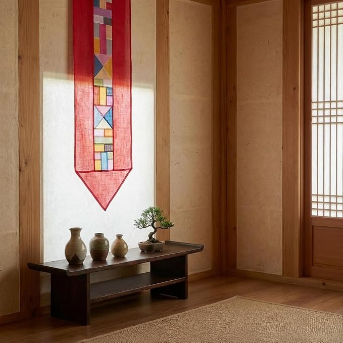Korean Bojagi Table Runner, Ruby Red Ramie Patchwork, 78.8 x 11.8 Inch | Jogakbo-Inspired Design, Pointed Ends, Dining & Coffee Table Decor, Console Styling, Asian Home Accent