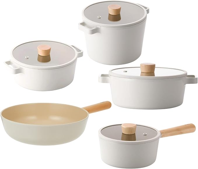 FIKA 9-Piece Nonstick Ceramic Coated Pots and Pans Set with Wok, Saucepan, Casserole & Deep Casserole, Glass Lids, Natural Wood Handles, Induction Compatible, Made in Korea