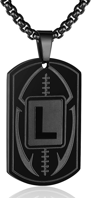 Initial A-Z Dog Tag Necklace for Men - Football Charm Pendant, Stainless Steel Chain 22+2 Inches, Personalized Sports Athletes Jewelry Gift