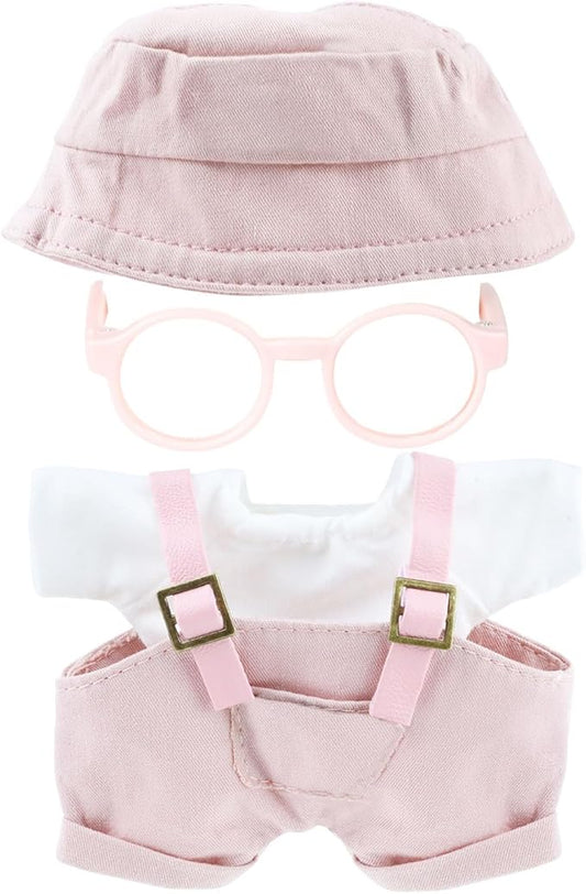 Doll Clothes (NO Doll) 17cm Pink Outfits for Dolls Cute Hat Overalls Set Glasses and White T-Shirt Exquisite Clothes Accessories (Pink Jumpsuit)