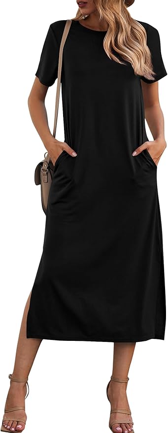 Naggoo Women's Casual T Shirt Midi Dress with Side Slit and Pockets