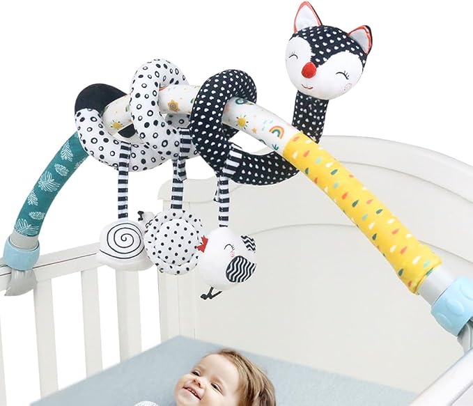 Caterbee Baby Stroller Arch Toys, Black and White Hanging Toy Activity Set, Stretch & Spiral Adjustable Clamp for Cribs & Car Seats, Includes Rattles, Squeaker & Teether for Newborns and Infants (02)