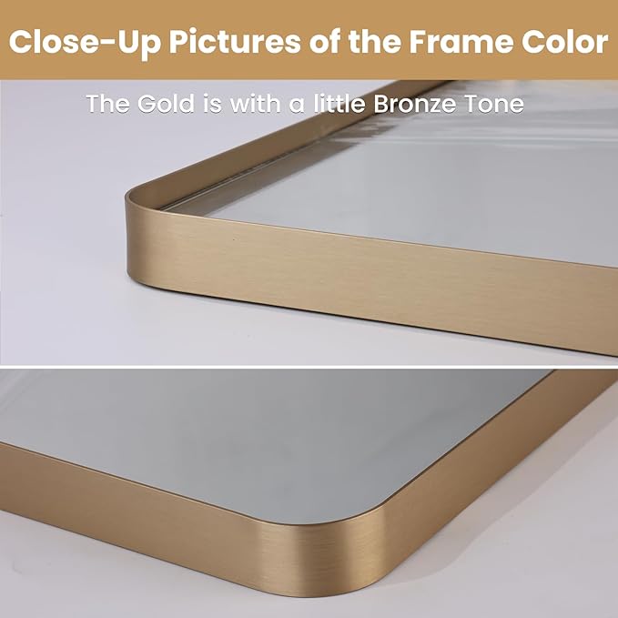 LOAAO 40”X36” Gold Bathroom Mirror, Rounded Rectangle Gold Frame Mirror, Brushed Gold Bathroom Vanity Mirror Wall-Mounted, Anti-Rust, Tempered Glass, Hangs Horizontally or Vertically | Rounded Rectangle, Brushed Gold Frame, Wall-Mounted, Anti-Rust, Tem...