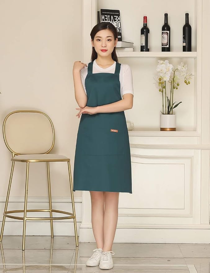 NEWGEM 100% Cotton Cross Back Apron for Women with 2 Pockets - Adjustable Button Straps Pinafore, No Neck Pain Kitchen Chef Apron for Waitress, Barista, Florist (Dark Green)