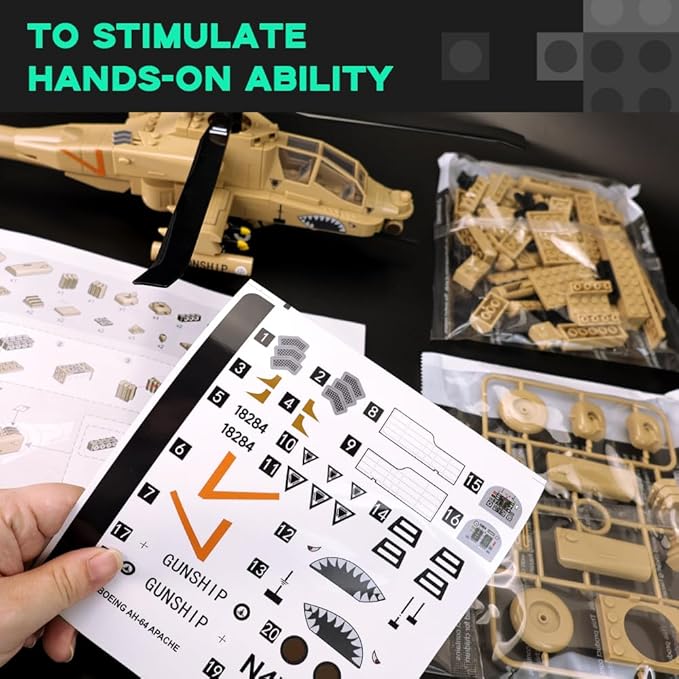ArtorBricks AH-64 Apche Airplane Military Building Set - 223 Piece Model Kit for Adults, Collectors & Hobbyists