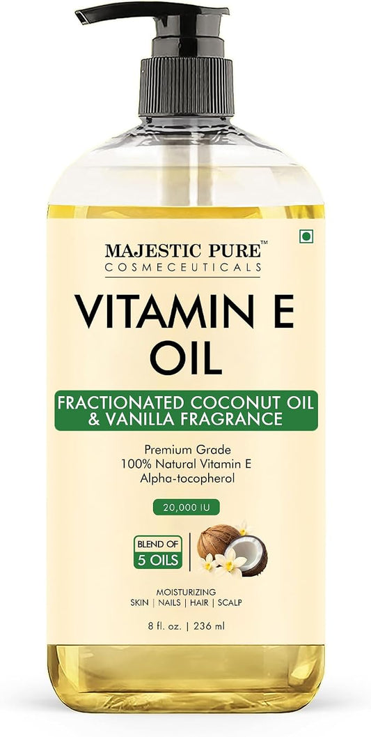 Majestic Pure Oil - 100% Pure and Natural- Cold Pressed & Hexane Free Natural Hair Growth Oil for Eyelashes, Eyebrows, Skin, Body, Face, Nails & Scalp - Coconut & Vanilla Formula Vitamin E Oil 8 Fl Oz