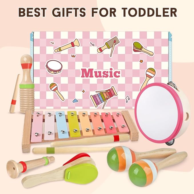 Baby Musical Instruments for Girls-Montessori Wooden Toys for Toddlers 1-3,Percussion Instruments Set with Xylophone Preschool Educational 3+ Christmas Birthday Gift for 1 2 3 Year Girls (pink 6 in 1)