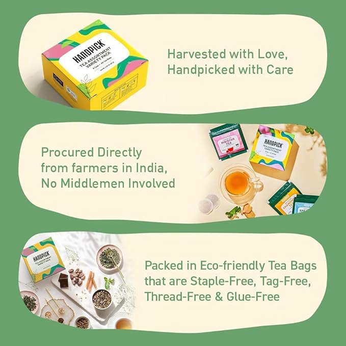 HANDPICK, Tea Bags Sampler Assortment Variety pack Gift Box 8 Flavors, 40 Tea Bags - Perfect Variety | English Breakfast, Green, Black, Herbal & More | Gifts for Him/Her | Sampler