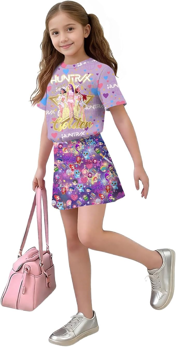 HTHLVMD K Pop Short Sleeve T-Shirt and Skirts Outfits Set for Girls Hunters Rumi Mira Zoey Graphic Tees De-Mon Costume