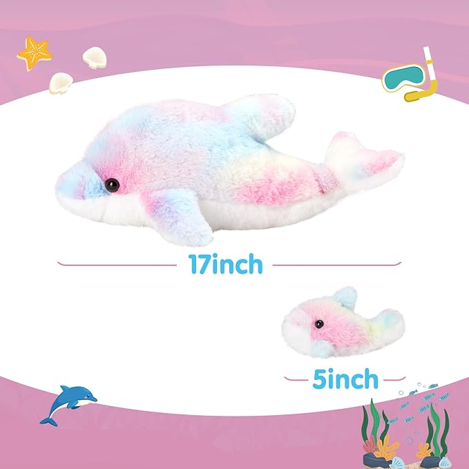 WEWILL 17-Inch Rainbow Dolphin Plush Toy with 4 Baby | Soft & Cuddly Stuffed Family Set | Colorful Dolphin Plush Gift for Kids