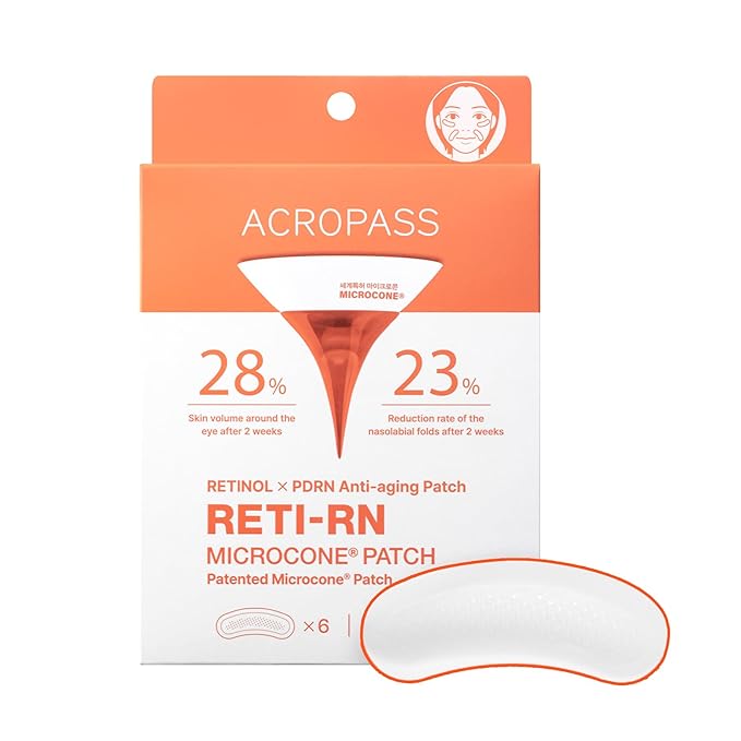 Wrinkle Patches ACROPASS RETI-RN Microcone, Deep Wrinkle, PDRN 10,000 ppm, Retinol 3,300 IU/g, Hyaluronic Acid, Anti-Aging (Slim Type, 6 Count)