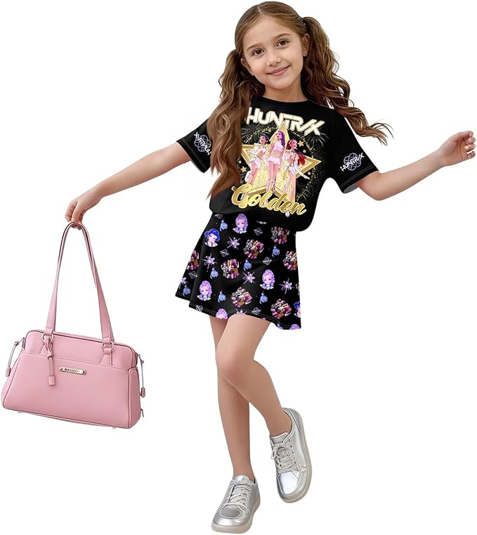 HTHLVMD K Pop Short Sleeve T-Shirt and Skirts Outfits Set for Girls Hunters Rumi Mira Zoey Graphic Tees De-Mon Costume