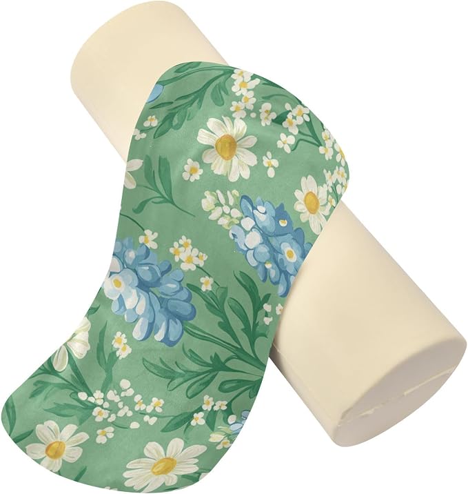 Mint Green Bluebonnet and Daisy Flowers Neck Roll Pillow Bolster Round Health Memory Foam Long Cervical Cylinder Pillows with Removable Washable Cover for Body Bed Legs Back Yoga