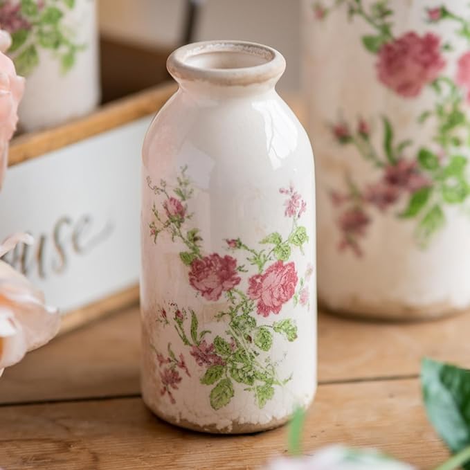 Vintage Rose-Floral Small Ceramic Vase Set, Retro Rustic Farmhouse Cute Flora Vase Gift, Art Décor for Your Home, Kitchen, Bedroom, Office, Living Room, Bathroom & Shelf Centerpiece Table Decorations