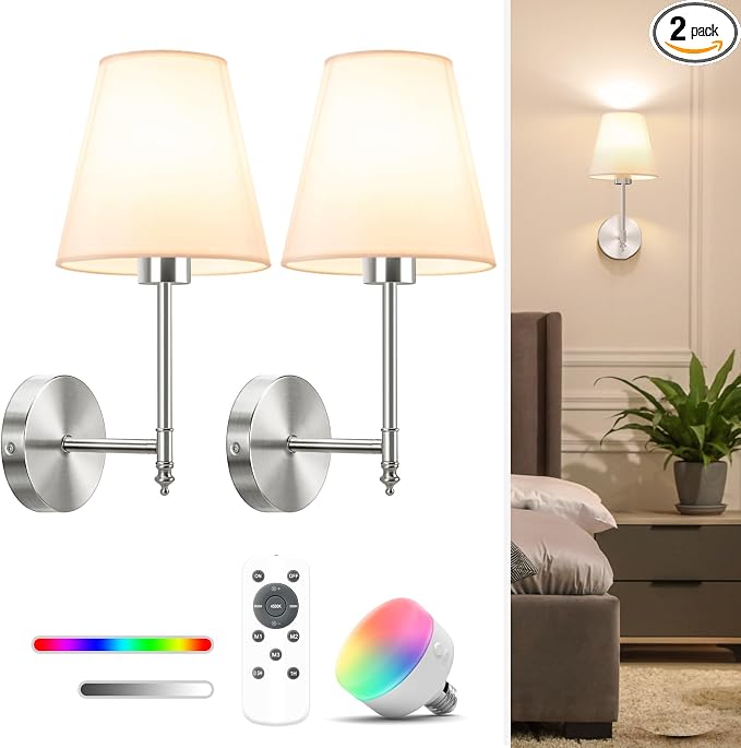 14.5 inch Battery Operated Wall Sconce Set of 2,Brushed Nickel Rechargeable Wall Lights with 10400mAh Dimmable Bulbs and Remote,9 Colors Wireless Sconces for Bedroom Living Room Decor