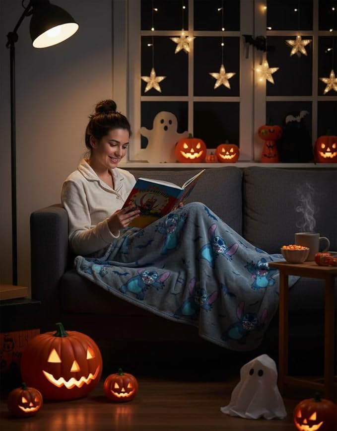 Jay Franco Kids Halloween Plush Throw Blanket – 50x70 Inch Ultra Soft & Comfy Fleece Throw for Couch, Sofa, Bed – Cozy Home Décor for Living Room & Bedroom, Grey - Lilo & Stitch,