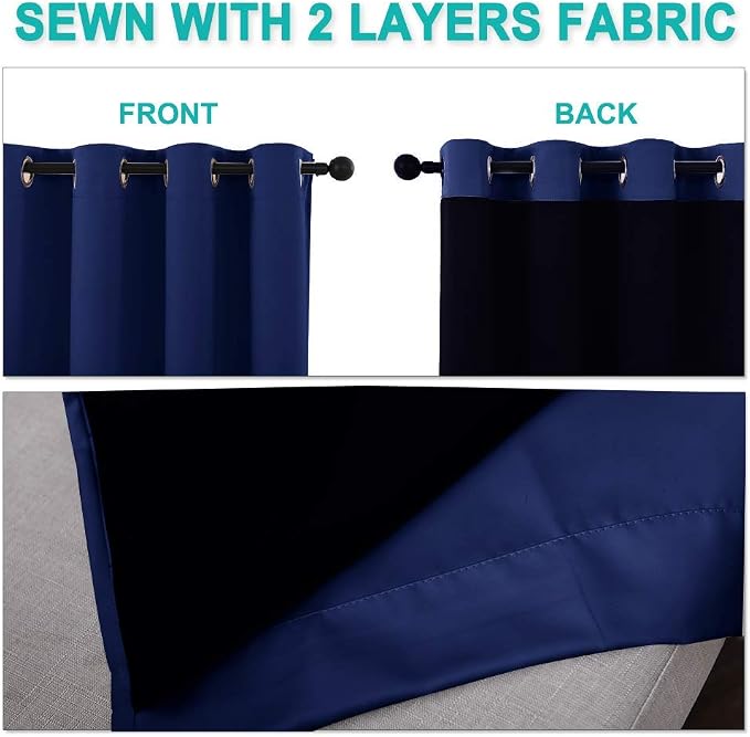 NICETOWN 100% Blackout Curtains with Black Liner Backing, Royal Blue, 37 inches x 70 inches Per Panel, Set of 2, Thermal Insulated Curtains for Living Room, Noise Reducing Drapes