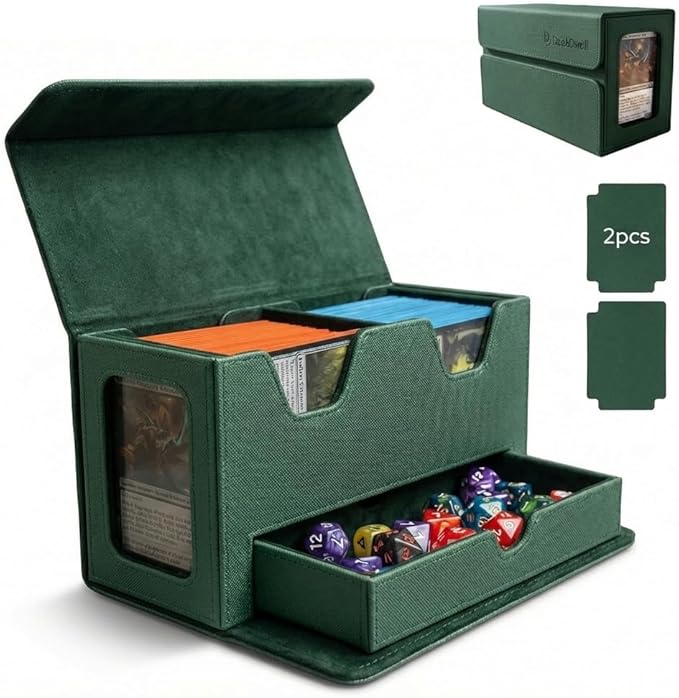 Card Deck Box Fits 200+ Double Sleeved，Commander Deck Box for Magic the Gathering with Dice Tray & Toploader Display,2 Dividers