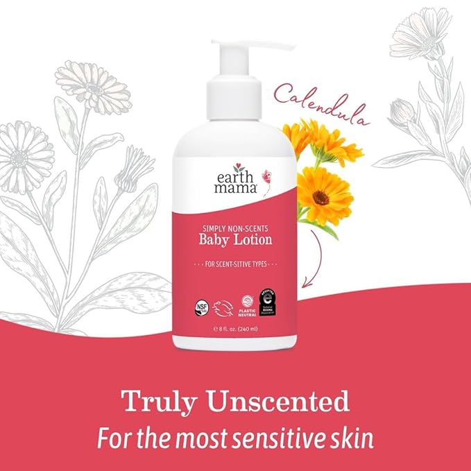 Earth Mama Simply Non-Scents Baby Lotion for Dry Skin, Calendula Cream for Newborn Skin Care, Organic Moisturizer for Children with Aloe Juice, Rooibos, & Shea Butter, Fragrance Free, 8-Fl oz (2-Pk)