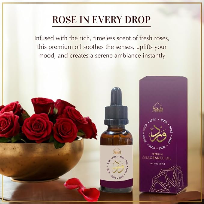 Dukhni Rose Fragrance Oil | 30ml Floral Diffuser Oil for Diffuser & Humidifier | Relaxing Rose Essential Oil for Home Aromatherapy & Room Fragrance | Long-Lasting Aroma, Alcohol -Free